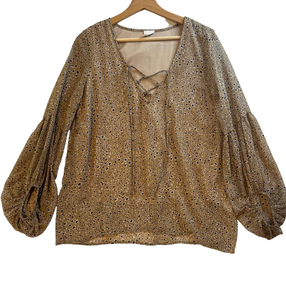 Womens Sheer Leopard‎ Print Long Sleeve Lace Up V Neck Blouse Top